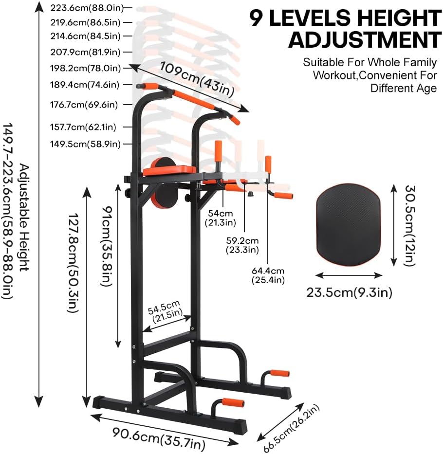 Adjustable Power Tower Dip Station, Heavy Duty Freestanding Pull Up Bar Station for Home Gym