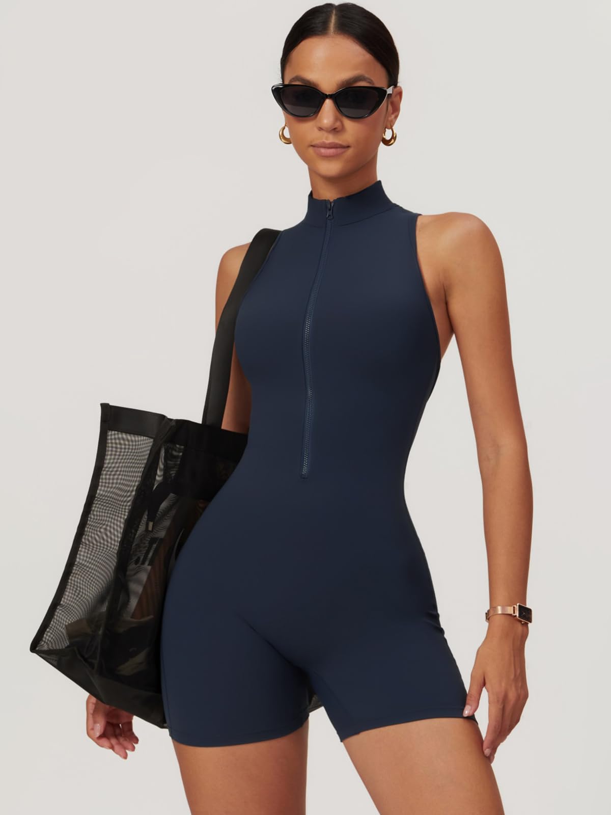 One Piece Sleeveless Gym Rompers Zip Up With Tummy Control