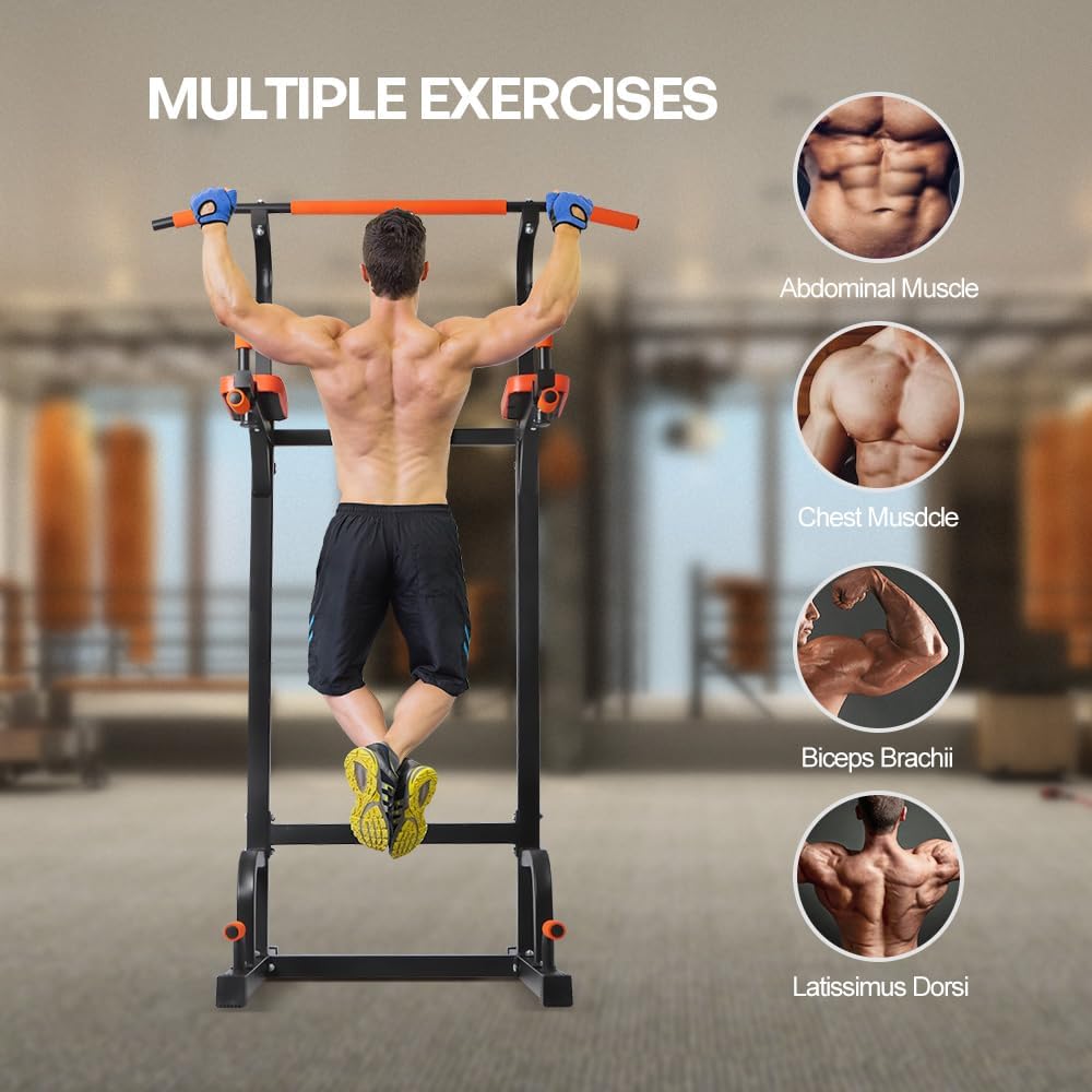 Adjustable Power Tower Dip Station, Heavy Duty Freestanding Pull Up Bar Station for Home Gym