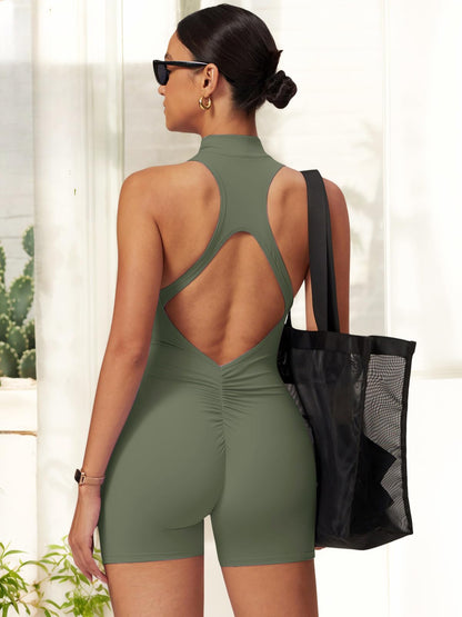 One Piece Sleeveless Gym Rompers Zip Up With Tummy Control
