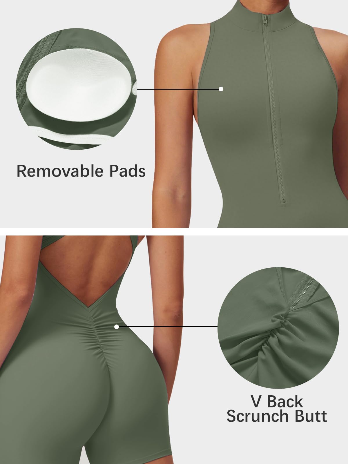 One Piece Sleeveless Gym Rompers Zip Up With Tummy Control