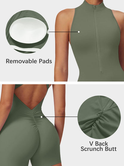 One Piece Sleeveless Gym Rompers Zip Up With Tummy Control