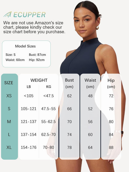 One Piece Sleeveless Gym Rompers Zip Up With Tummy Control