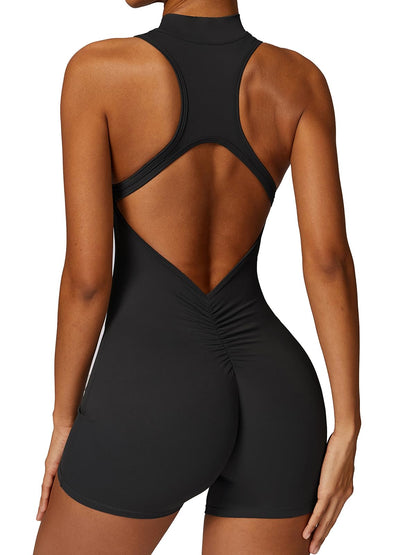One Piece Sleeveless Gym Rompers Zip Up With Tummy Control