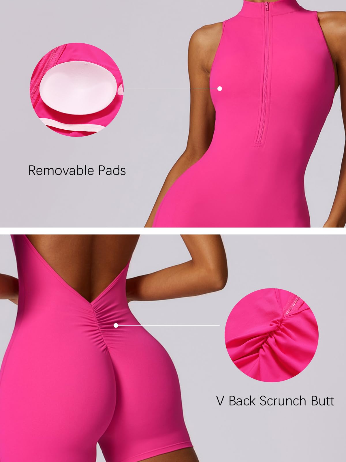 One Piece Sleeveless Gym Rompers Zip Up With Tummy Control