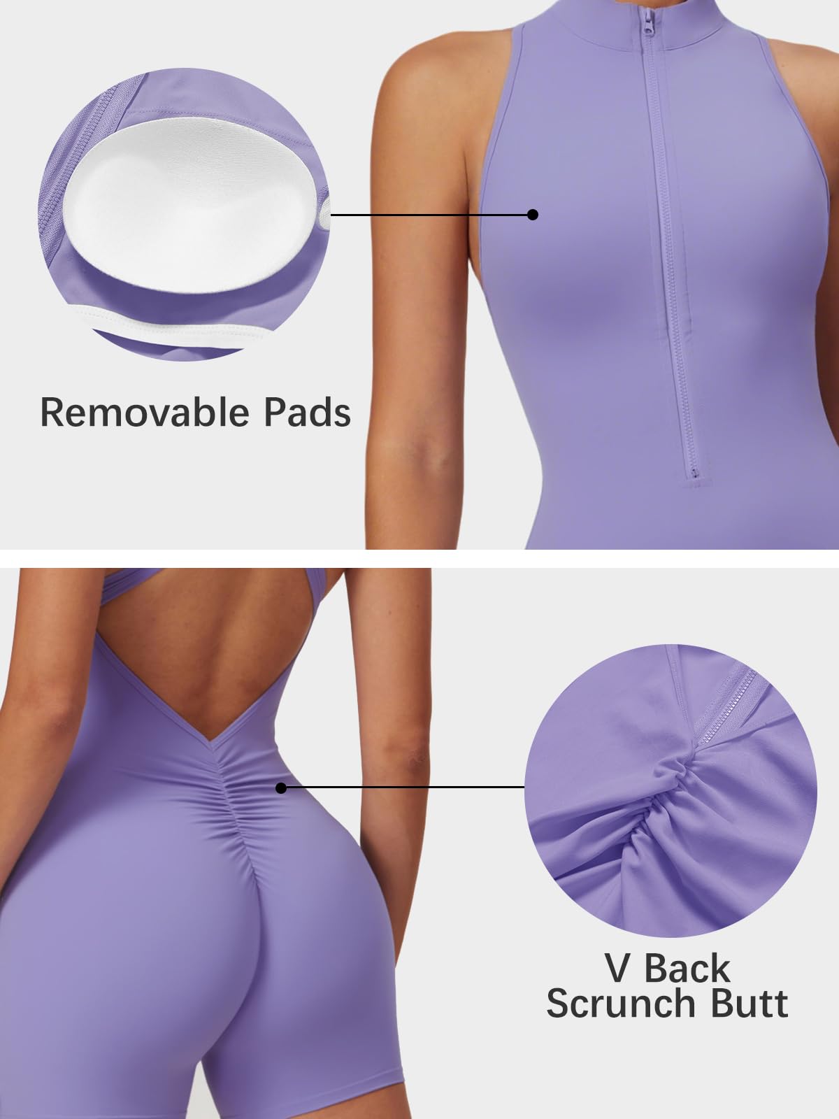 One Piece Sleeveless Gym Rompers Zip Up With Tummy Control