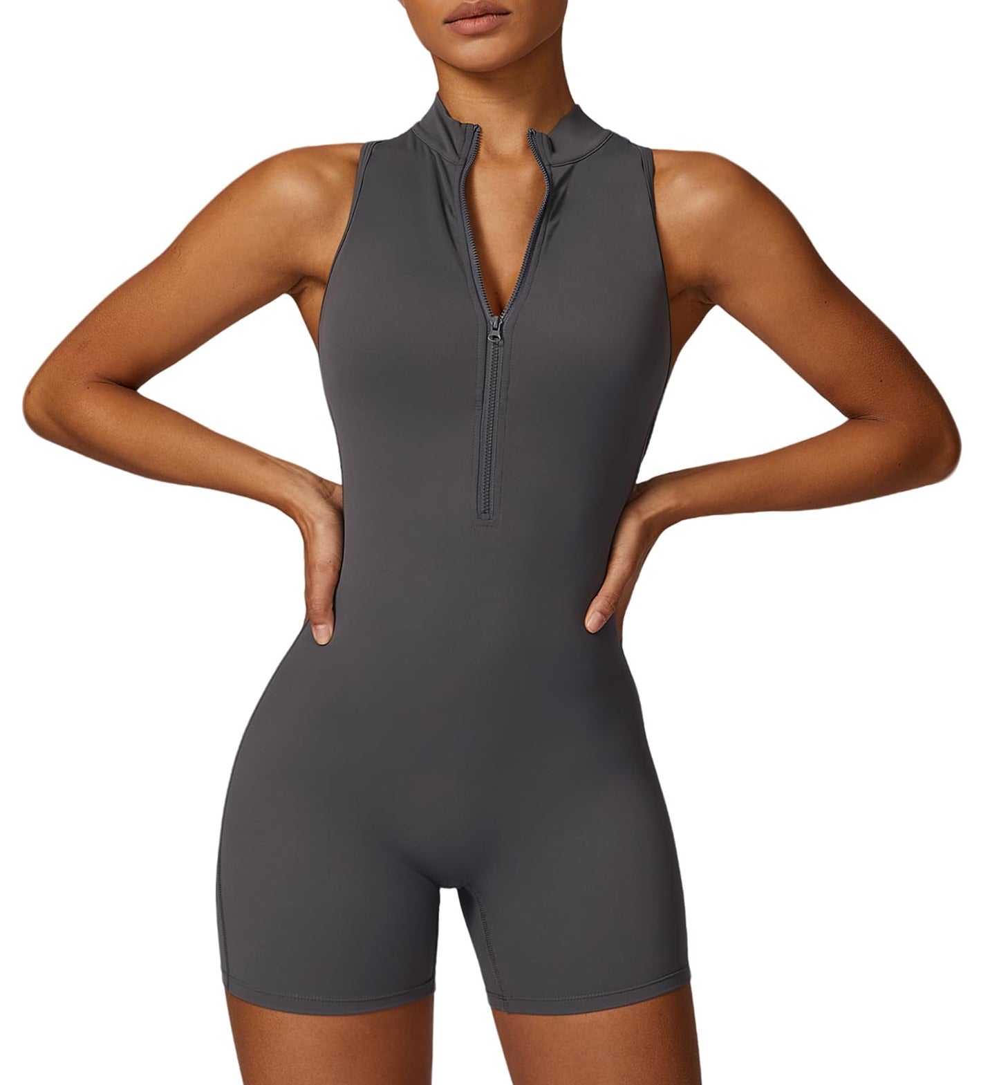 One Piece Sleeveless Gym Rompers Zip Up With Tummy Control