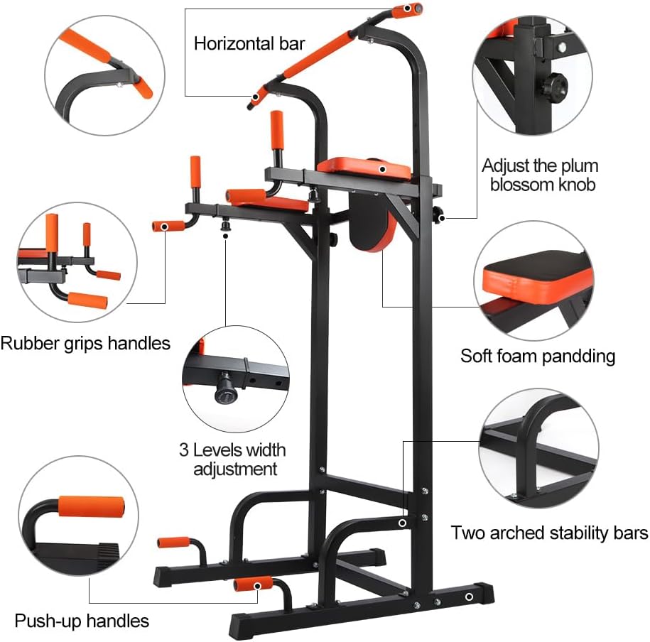Adjustable Power Tower Dip Station, Heavy Duty Freestanding Pull Up Bar Station for Home Gym