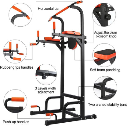 Adjustable Power Tower Dip Station, Heavy Duty Freestanding Pull Up Bar Station for Home Gym