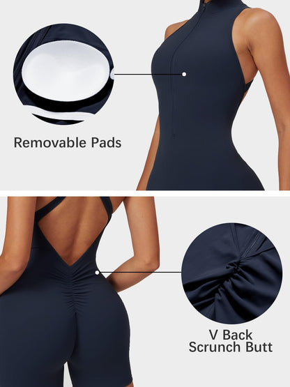 One Piece Sleeveless Gym Rompers Zip Up With Tummy Control