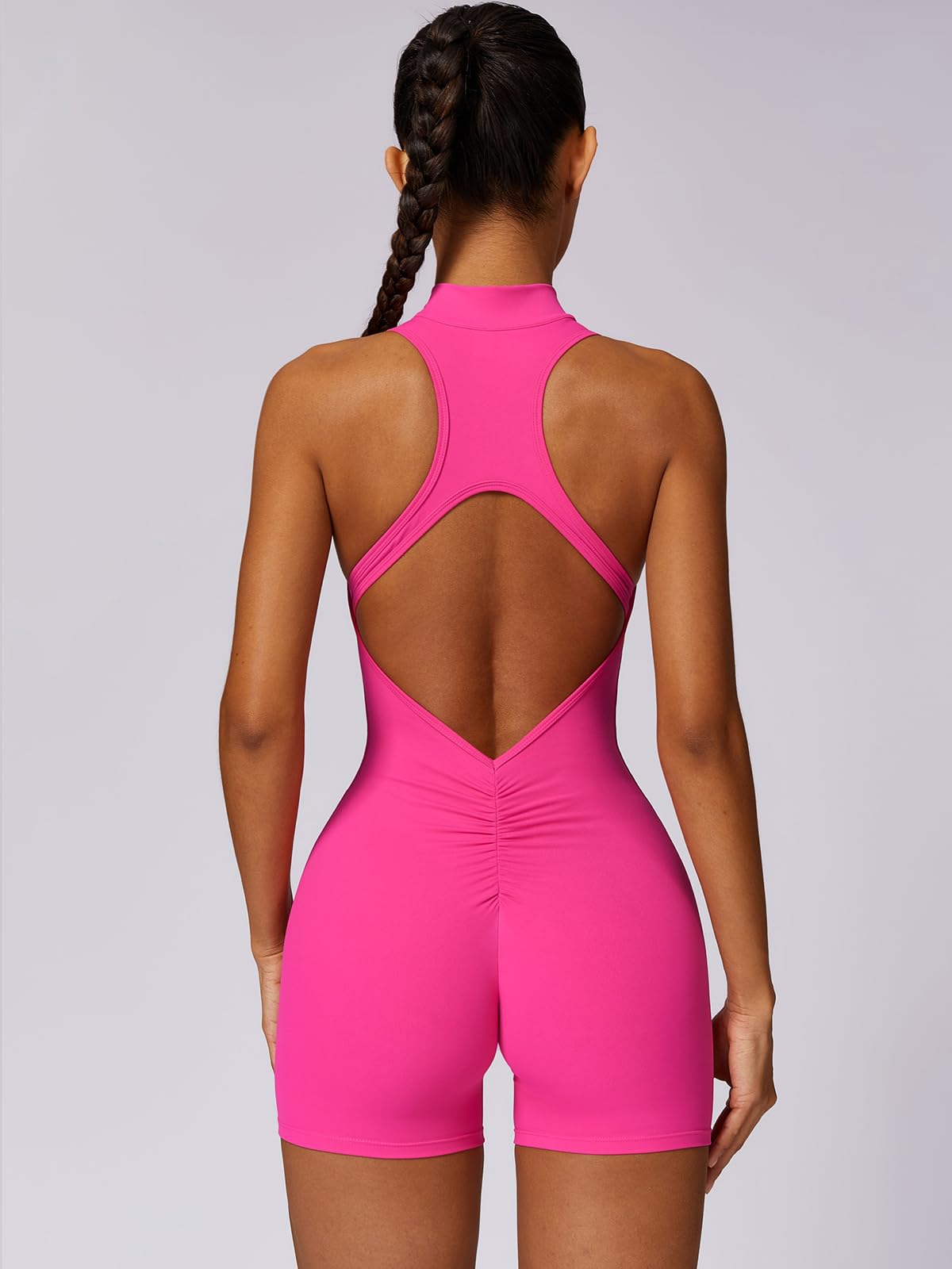 One Piece Sleeveless Gym Rompers Zip Up With Tummy Control