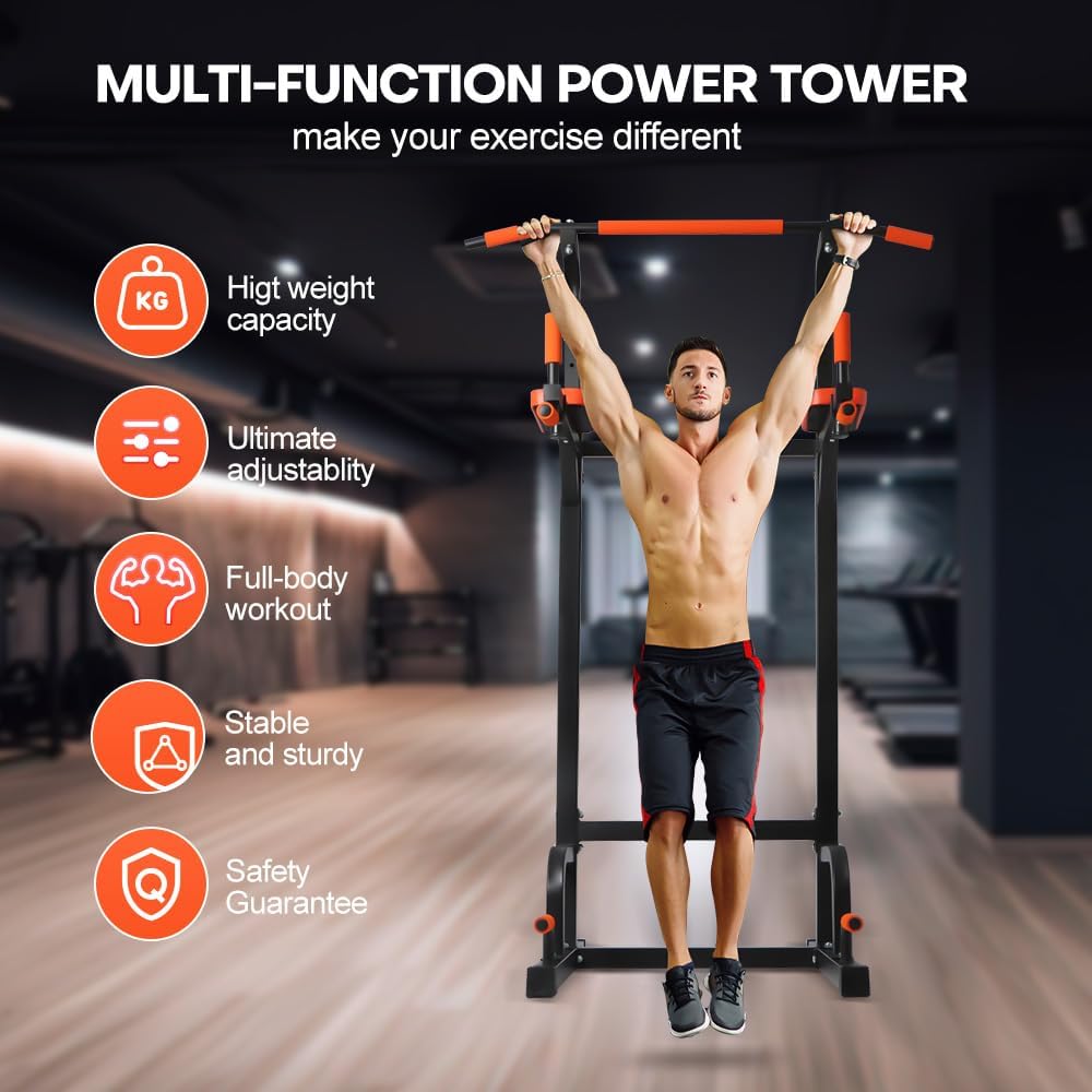 Adjustable Power Tower Dip Station, Heavy Duty Freestanding Pull Up Bar Station for Home Gym