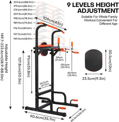 Adjustable Power Tower Dip Station, Heavy Duty Freestanding Pull Up Bar Station for Home Gym
