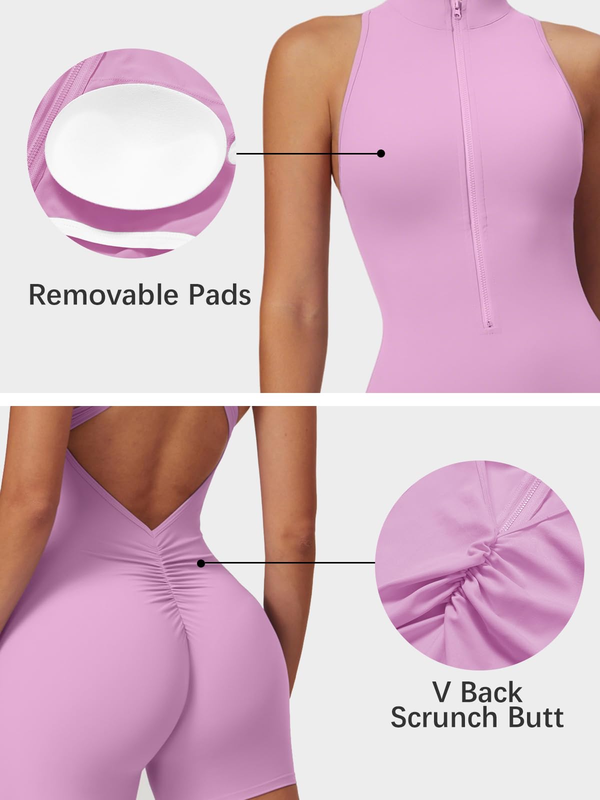 One Piece Sleeveless Gym Rompers Zip Up With Tummy Control