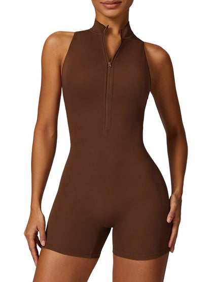 One Piece Sleeveless Gym Rompers Zip Up With Tummy Control