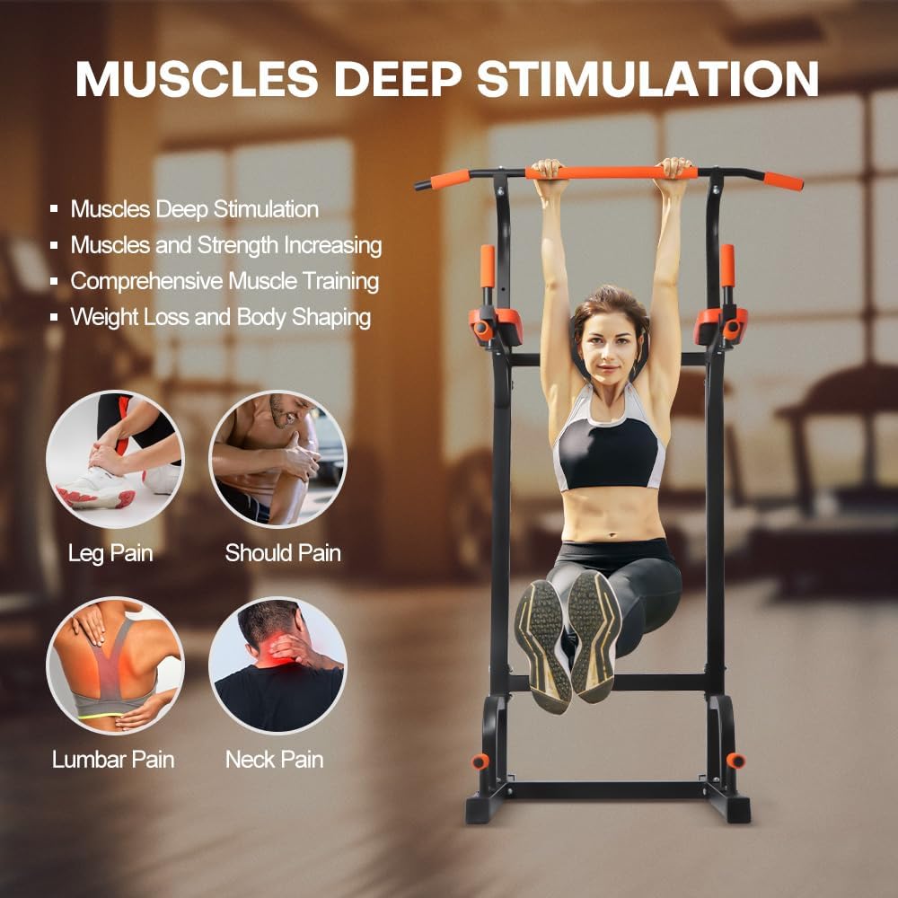 Adjustable Power Tower Dip Station, Heavy Duty Freestanding Pull Up Bar Station for Home Gym