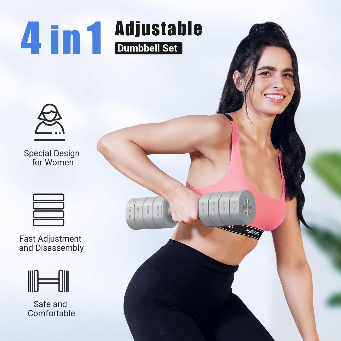 Adjustable Dumbbell Set of 2, 4 in 1 Hand Weights for Men/Women at Home
