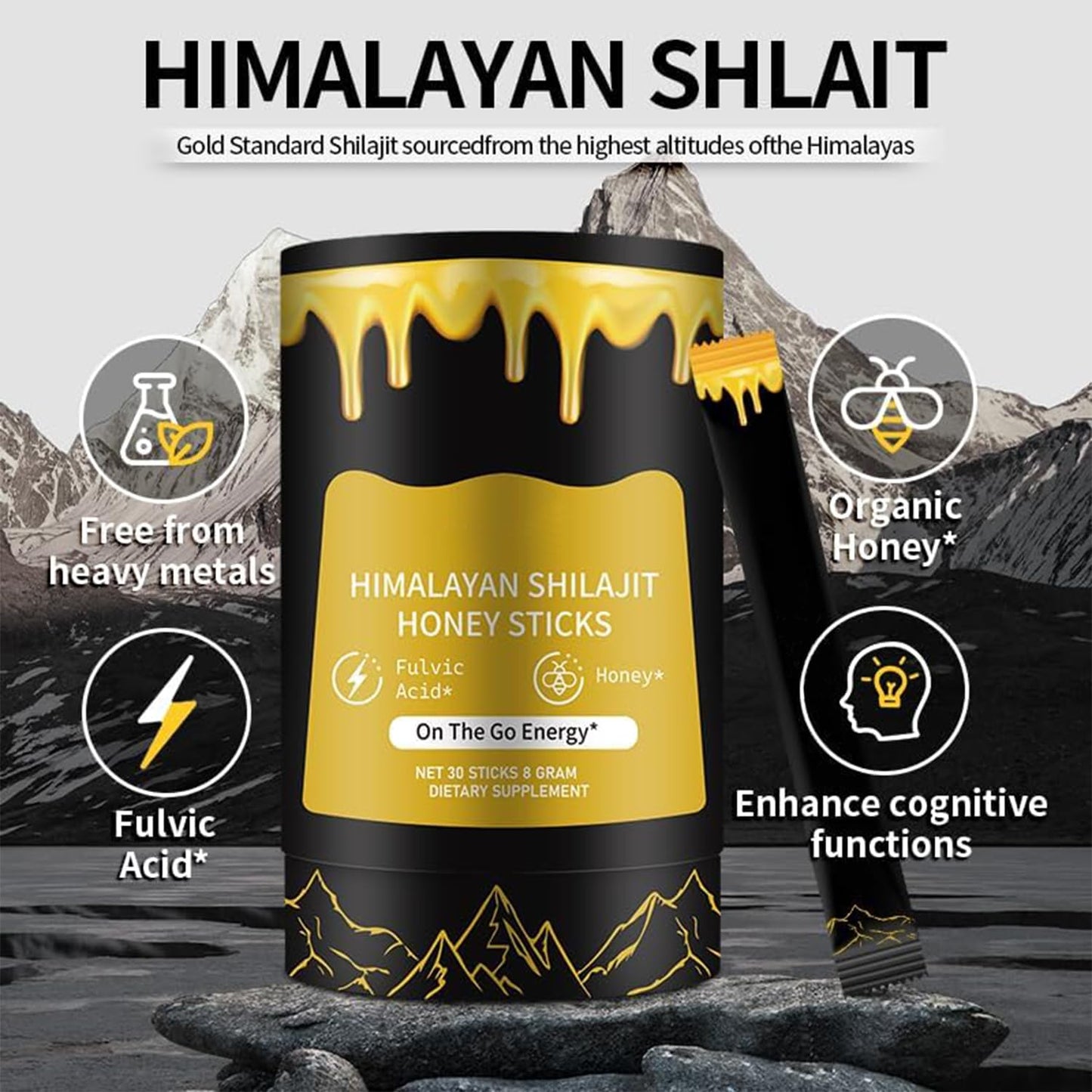 Shilajit Honey Sticks for Men, 100% Pure with Acid Fulvic, Essential Minerals, Boost Energy and Immunity, 30 Individually Packaged.