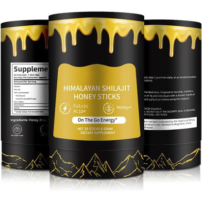 Shilajit Honey Sticks for Men, 100% Pure with Acid Fulvic, Essential Minerals, Boost Energy and Immunity, 30 Individually Packaged.