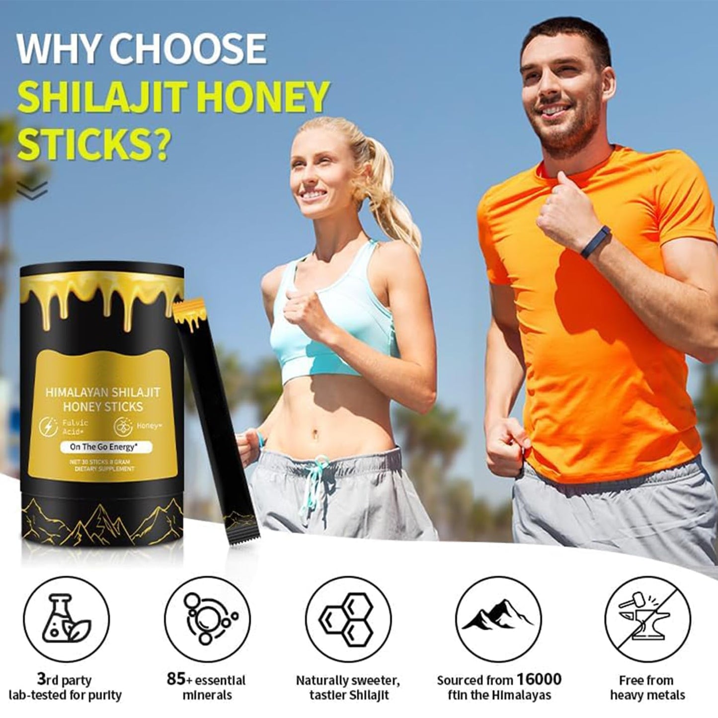 Shilajit Honey Sticks for Men, 100% Pure with Acid Fulvic, Essential Minerals, Boost Energy and Immunity, 30 Individually Packaged.