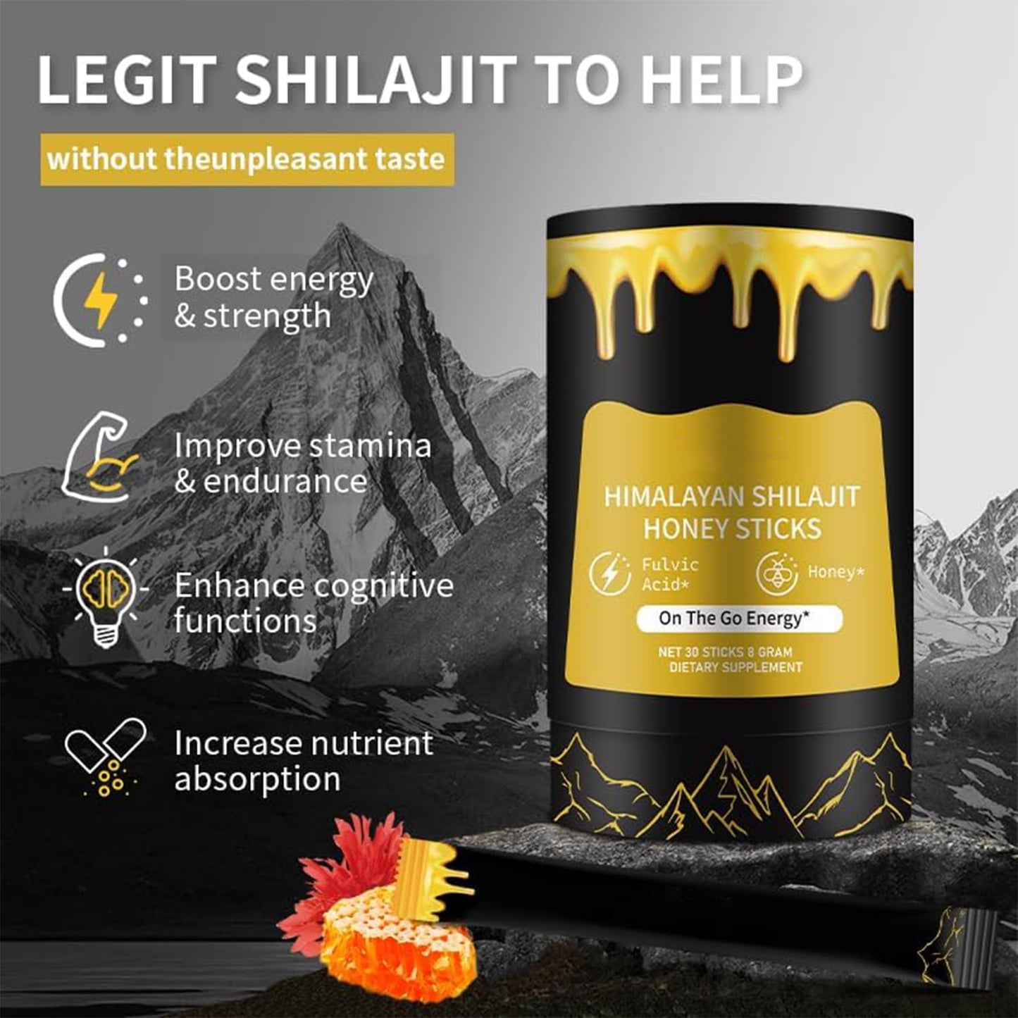 Shilajit Honey Sticks for Men, 100% Pure with Acid Fulvic, Essential Minerals, Boost Energy and Immunity, 30 Individually Packaged.