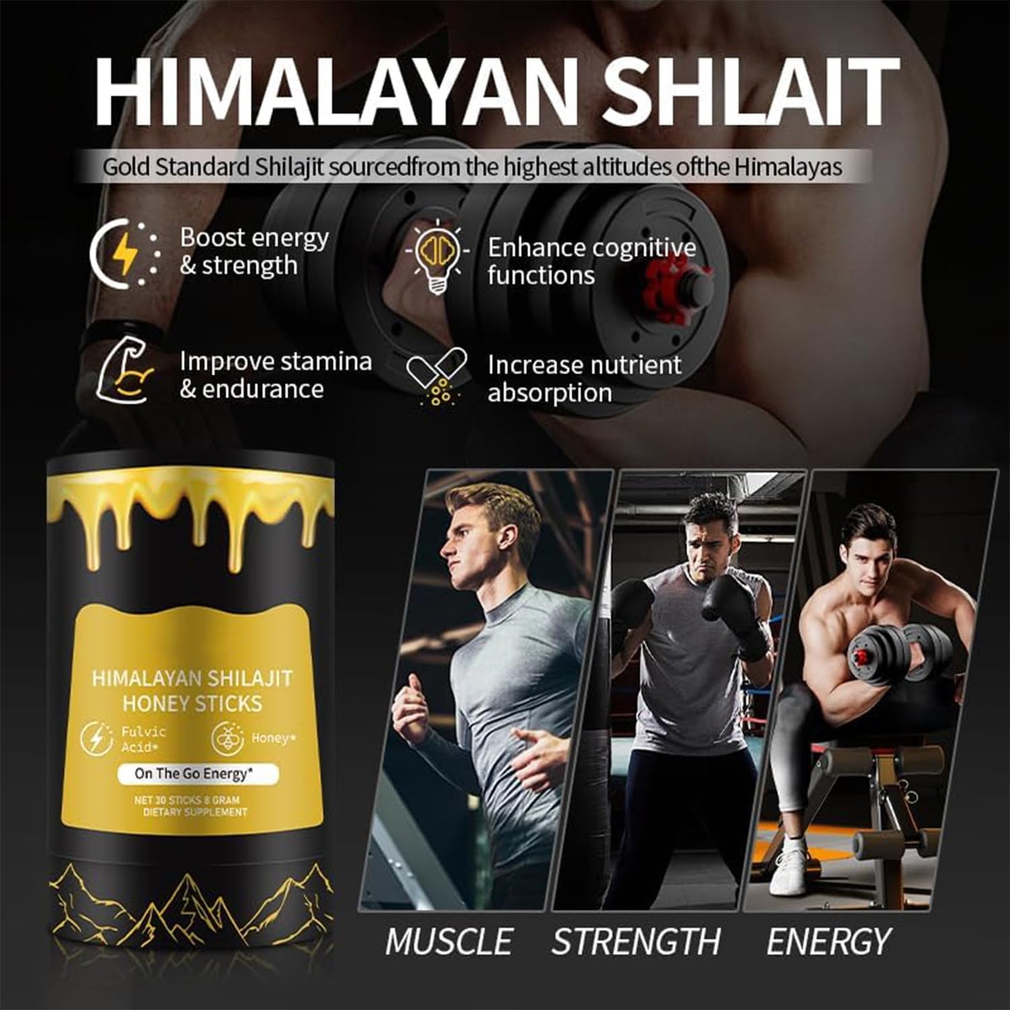 Shilajit Honey Sticks for Men, 100% Pure with Acid Fulvic, Essential Minerals, Boost Energy and Immunity, 30 Individually Packaged.