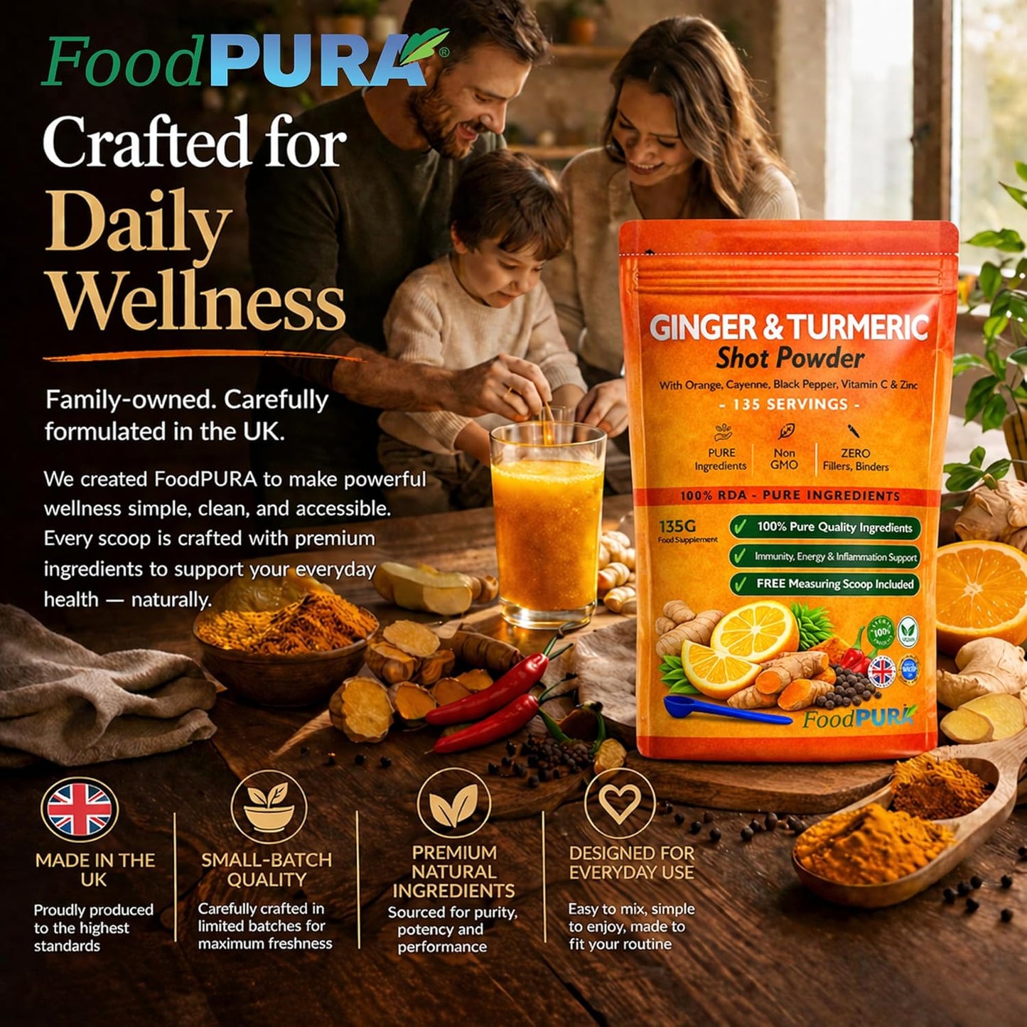 Ginger & Turmeric Shot Drink Powder 135 Servings 135g with Orange Cayenne Black Pepper