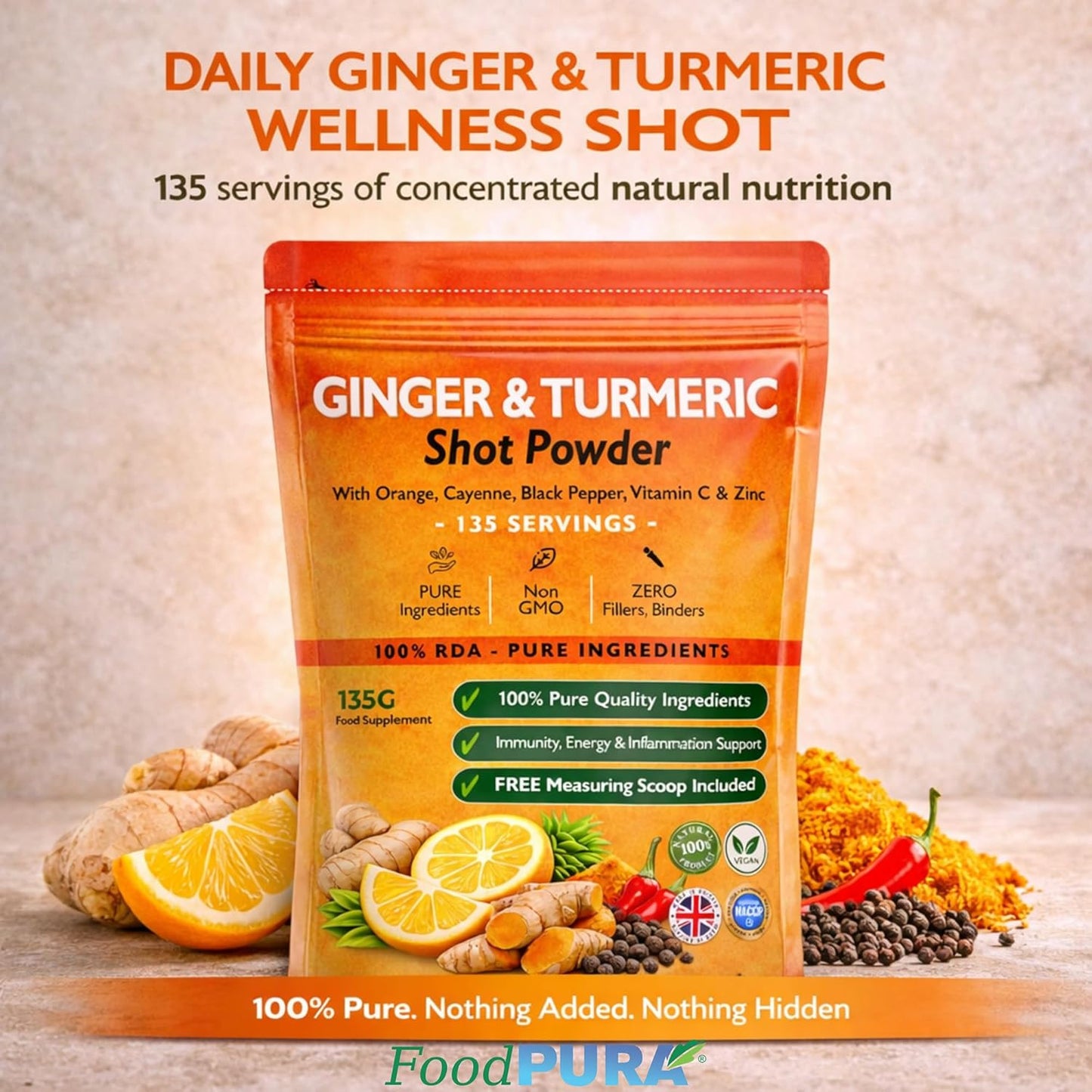 Ginger & Turmeric Shot Drink Powder 135 Servings 135g with Orange Cayenne Black Pepper