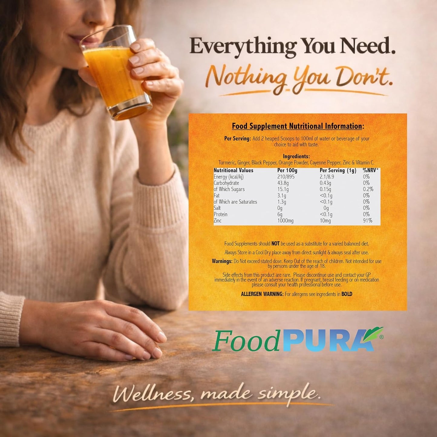 Ginger & Turmeric Shot Drink Powder 135 Servings 135g with Orange Cayenne Black Pepper