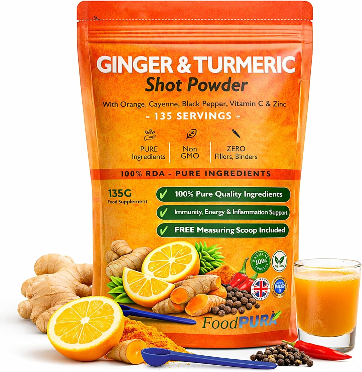 Ginger & Turmeric Shot Drink Powder 135 Servings 135g with Orange Cayenne Black Pepper