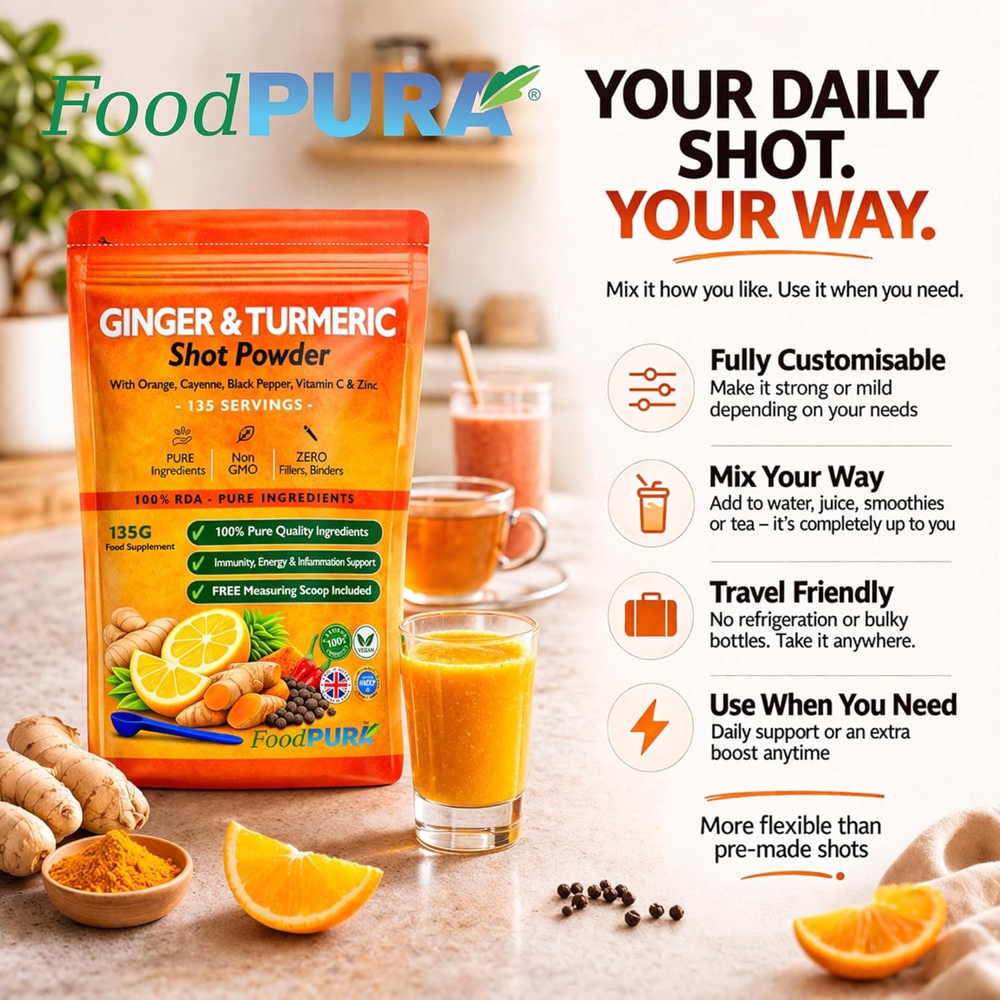 Ginger & Turmeric Shot Drink Powder 135 Servings 135g with Orange Cayenne Black Pepper